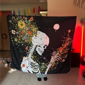 Floral Skeleton Tapestry - Black and Multicolor
